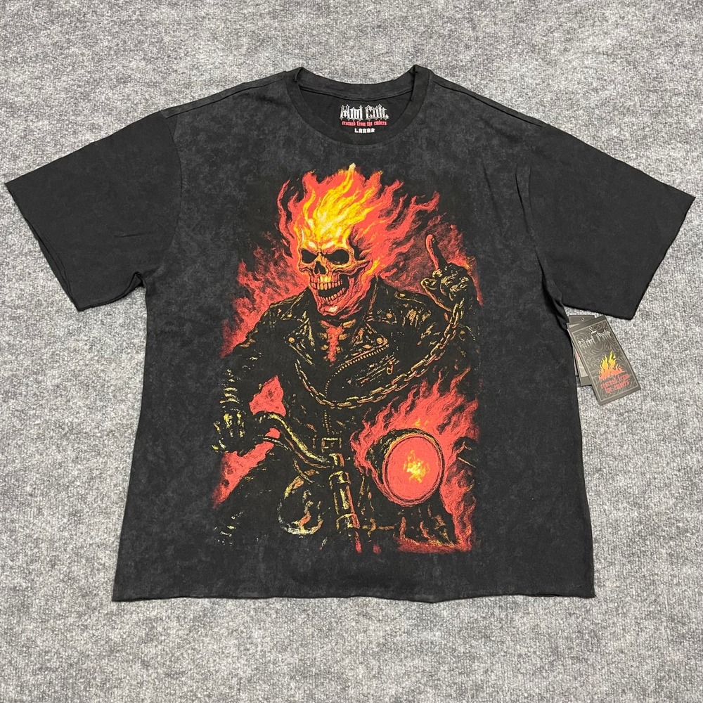 Biker Shirt Mens Large Black Mad Cult Rescued From The Embers Flaming Skull Boxy